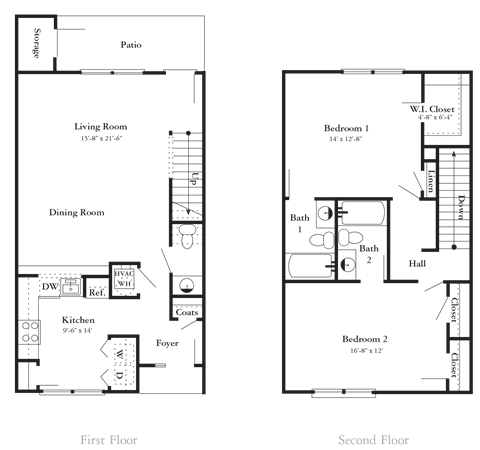 Floor plan for 2 beds, 2.5 baths, 1320 sqft